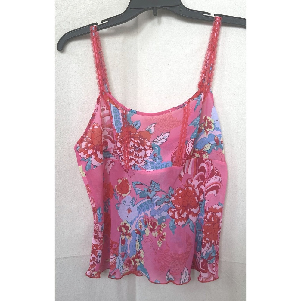 Josie Natori Festival Milkmaid Pink Floral Chiffon Camisole Lace Strap Top Sz M